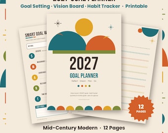 2027 Goal Planner Printable, New Year Goal Setting Worksheets, Vision Board, SMART Goals, Habit Tracker, Year Review, Mid Century PDF
