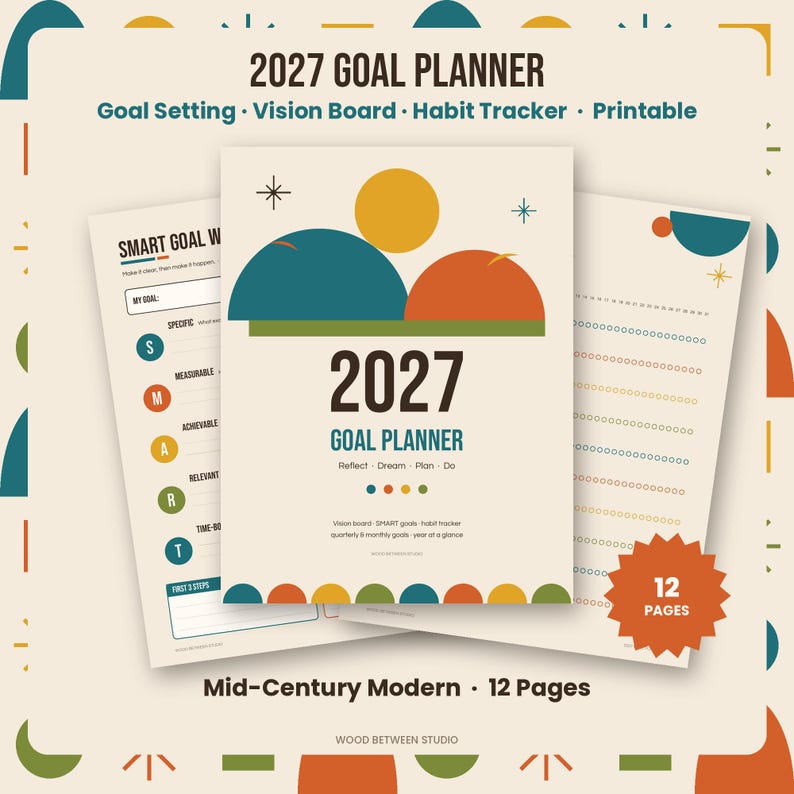 Planificador de objetivos para 2027 imprimible, hojas de trabajo para establecer objetivos de Año Nuevo, tablero de visión, objetivos SMART, registro de hábitos, revisión anual, PDF de mediados de siglo imagen 1