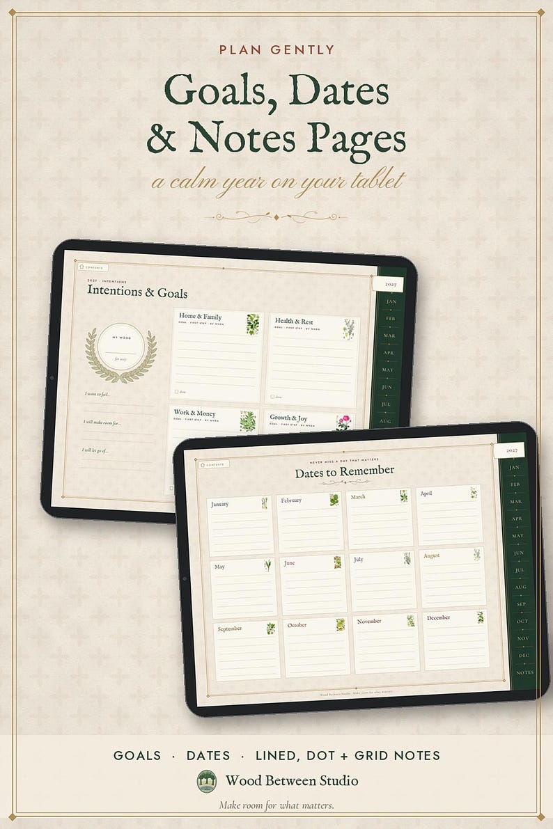 Agenda digital 2027, agenda para tablet con hipervínculos, agenda semanal y mensual 2027, formato horizontal, inicio en lunes y domingo, diseño botánico vintage. imagen 7