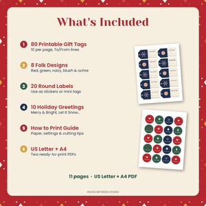 Printable Christmas Gift Tags, Scandinavian Folk Holiday Gift Tags, 80 Tags + 20 Round Labels, Nordic Christmas To From Tags, Download image 4