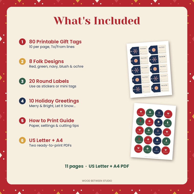 Printable Christmas Gift Tags, Scandinavian Folk Holiday Gift Tags, 80 Tags + 20 Round Labels, Nordic Christmas To From Tags, Download image 4