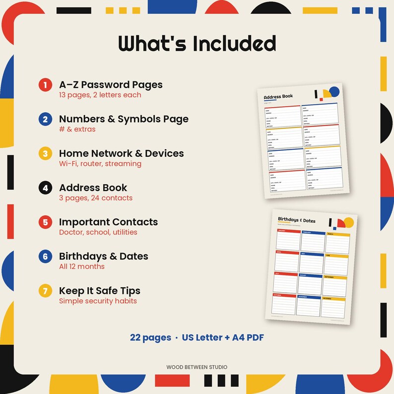 Password Log Printable, Password Keeper and Address Book, A-Z Password Tracker, Internet Login Organizer, Bauhaus Design, PDF image 4
