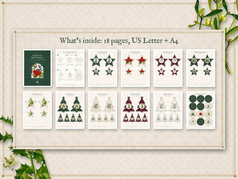 3D Paper Ornaments Printable, Botanical Star and Christmas Tree Decorations, DIY Holiday Papercraft Template image 7