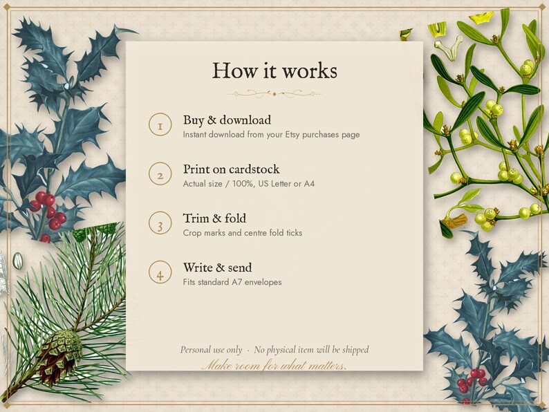 Printable Christmas Cards Set of 12, Vintage Botanical Holiday Greeting Cards, Instant Download Rustic Xmas Card Bundle image 4