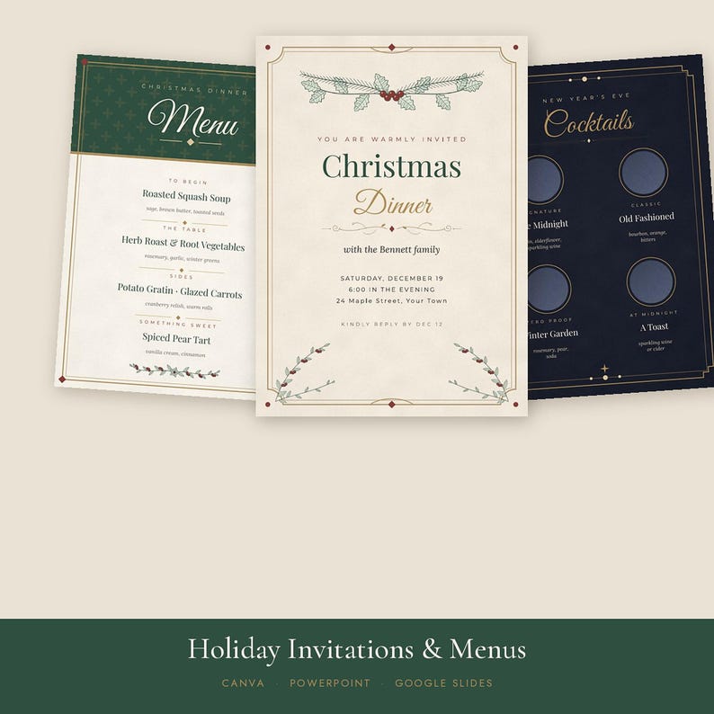 Modèle d'invitation et de menu modifiable pour une fête de Noël, invitation pour le réveillon du Nouvel An, menu pour un dîner de fêtes, invitation pour un Noël entre amis, format vintage 5x7 image 6
