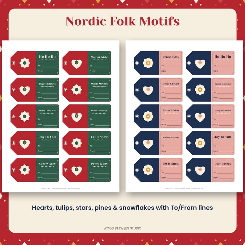 Printable Christmas Gift Tags, Scandinavian Folk Holiday Gift Tags, 80 Tags + 20 Round Labels, Nordic Christmas To From Tags, Download image 3