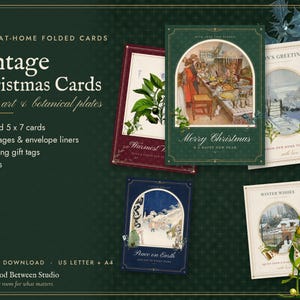 Lot de 12 cartes de Noël à imprimer, style vintage, format 12,7 x 17,8 cm (5 x 7 pouces), illustrations botaniques et hivernales, doublures d'enveloppes et étiquettes incluses.
