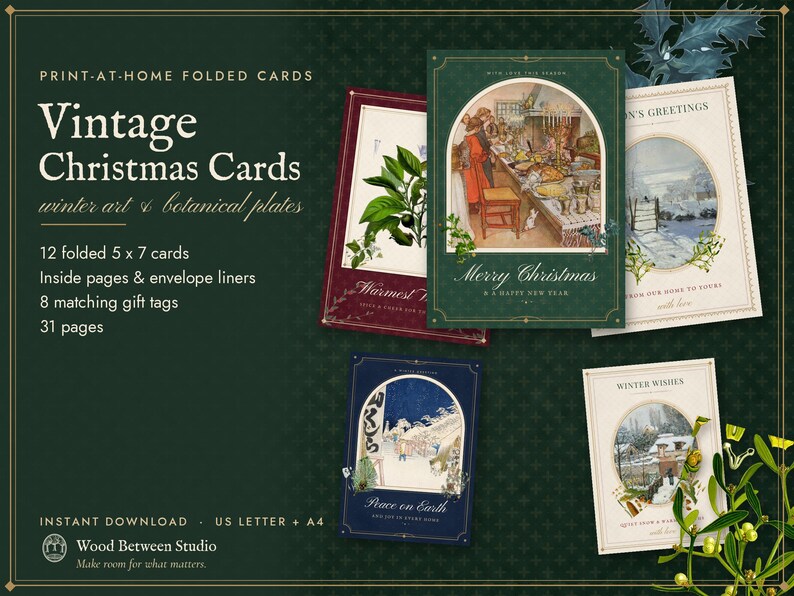 Printable Christmas Cards Set of 12, Vintage Botanical Holiday Greeting Cards, Instant Download Rustic Xmas Card Bundle image 1