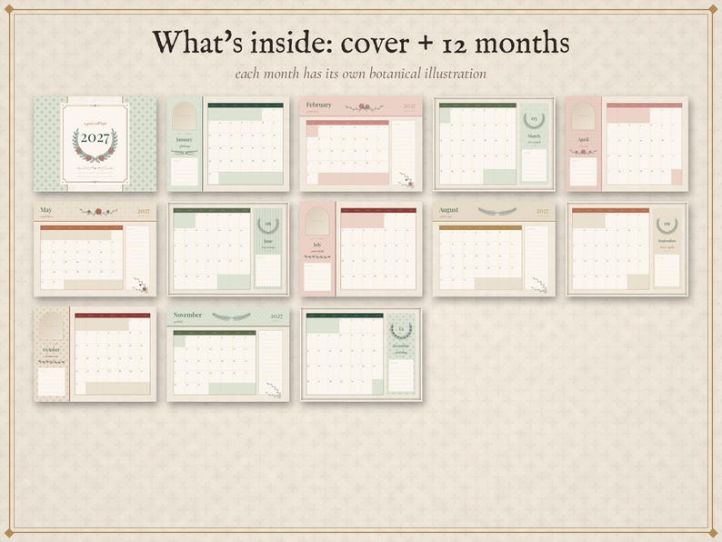 2027 Wall Calendar Printable, Editable Botanical Monthly Calendar, Vintage Floral Planner Pages, Instant Download PDF image 2