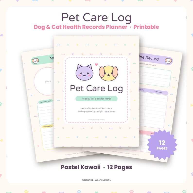 Registro de cuidado de mascotas imprimible, historial de salud de perros y gatos, registro de vacunación de mascotas, instrucciones para cuidadores de mascotas, registro de medicamentos para mascotas, planificador de mascotas adorable imagen 1