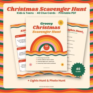 Christmas Scavenger Hunt Printable for Kids & Teens, 40 Treasure Hunt Clues, Christmas Lights Hunt, Family Holiday Game, Retro Groovy image 1