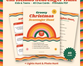 Christmas Scavenger Hunt Printable for Kids & Teens, 40 Treasure Hunt Clues, Christmas Lights Hunt, Family Holiday Game, Retro Groovy