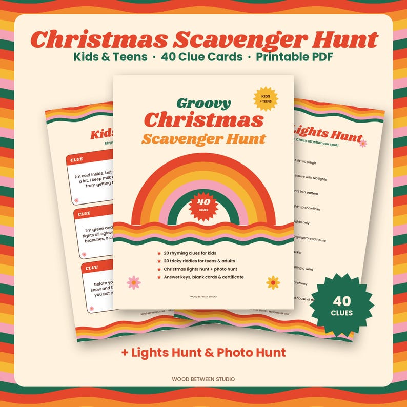 Christmas Scavenger Hunt Printable for Kids & Teens, 40 Treasure Hunt Clues, Christmas Lights Hunt, Family Holiday Game, Retro Groovy image 1