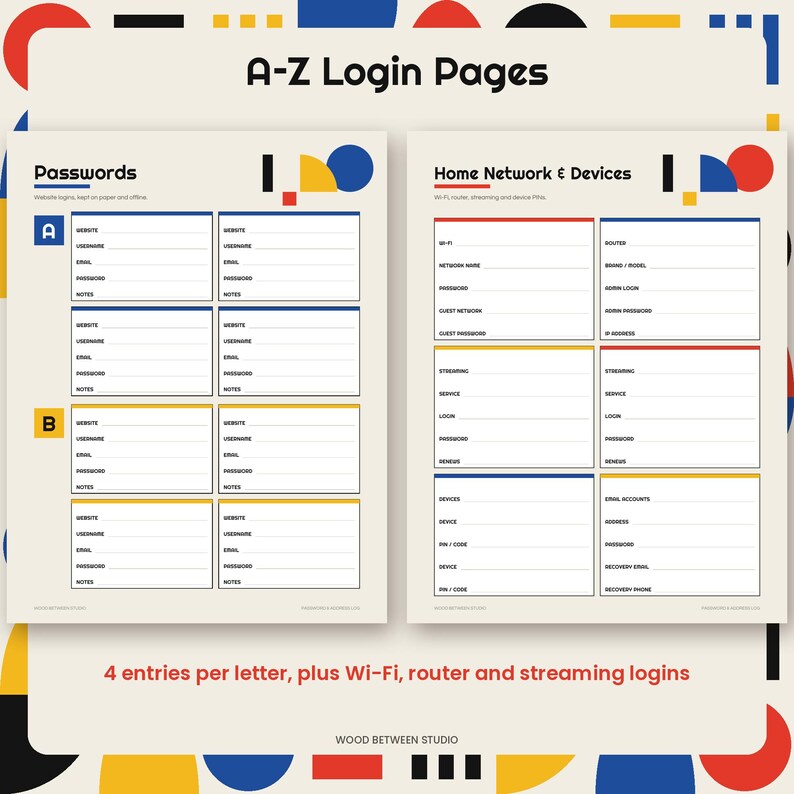 Password Log Printable, Password Keeper and Address Book, A-Z Password Tracker, Internet Login Organizer, Bauhaus Design, PDF image 3