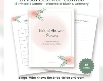 Bridal Shower Games Printable Bundle, 12 Watercolor Greenery Games, Bridal Bingo, How Well Do You Know the Bride, Bride or Groom, PDF