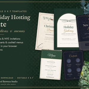 Modèle d'invitation et de menu modifiable pour une fête de Noël, invitation pour le réveillon du Nouvel An, menu pour un dîner de fêtes, invitation pour un Noël entre amis, format vintage 5x7 image 1