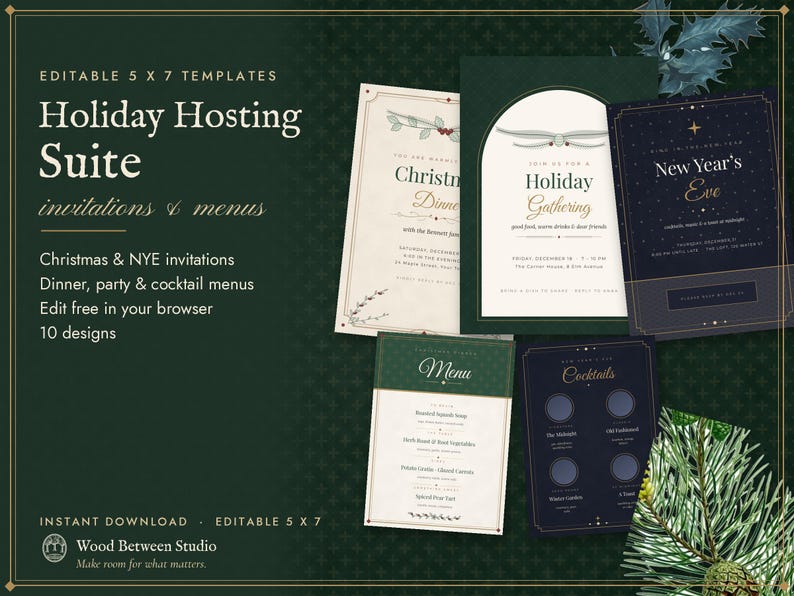 Modèle d'invitation et de menu modifiable pour une fête de Noël, invitation pour le réveillon du Nouvel An, menu pour un dîner de fêtes, invitation pour un Noël entre amis, format vintage 5x7 image 1