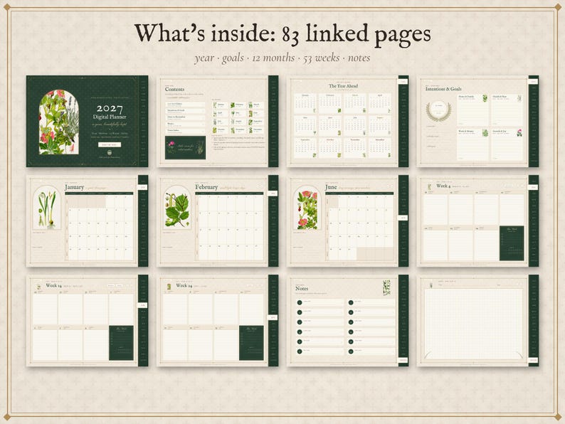Agenda digital 2027, agenda para tablet con hipervínculos, agenda semanal y mensual 2027, formato horizontal, inicio en lunes y domingo, diseño botánico vintage. imagen 2
