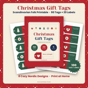 Printable Christmas Gift Tags, Scandinavian Folk Holiday Gift Tags, 80 Tags + 20 Round Labels, Nordic Christmas To From Tags, Download image 1