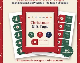 Printable Christmas Gift Tags, Scandinavian Folk Holiday Gift Tags, 80 Tags + 20 Round Labels, Nordic Christmas To From Tags, Download