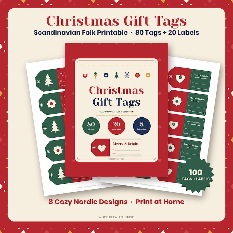 Printable Christmas Gift Tags, Scandinavian Folk Holiday Gift Tags, 80 Tags + 20 Round Labels, Nordic Christmas To From Tags, Download image 1