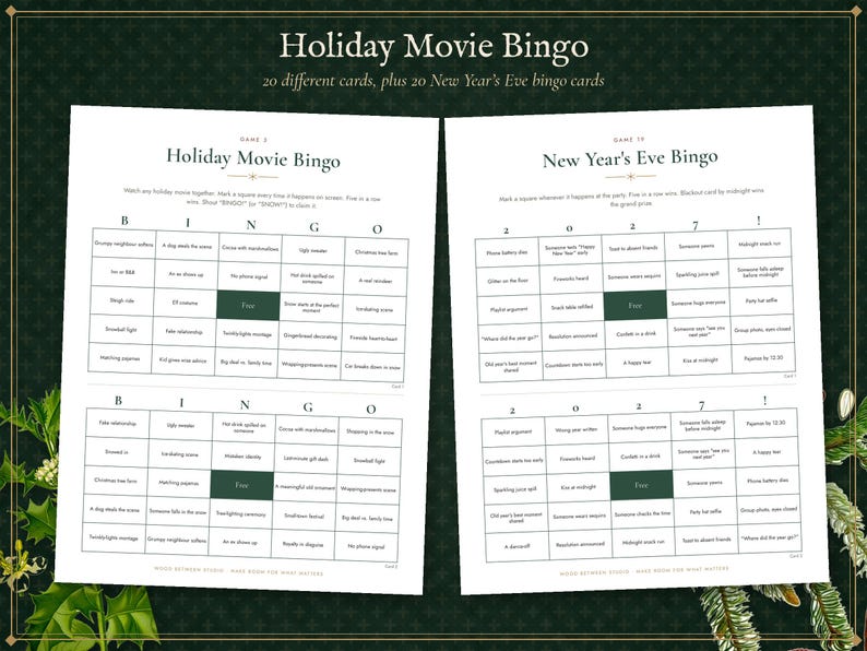 Pacchetto di giochi stampabili per feste di Natale, 24 giochi per amici, quiz a tema natalizio, bingo cinematografico, gioco di scambio regali, giochi di Capodanno immagine 3