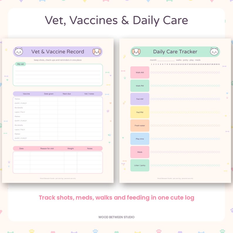Registro de cuidado de mascotas imprimible, historial de salud de perros y gatos, registro de vacunación de mascotas, instrucciones para cuidadores de mascotas, registro de medicamentos para mascotas, planificador de mascotas adorable imagen 3