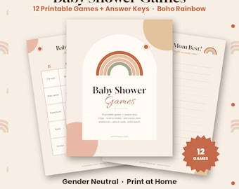Baby Shower Games Printable Bundle, 12 Boho Rainbow Baby Shower Games, Baby Bingo, Who Knows Mom Best, Gender Neutral, Instant Download