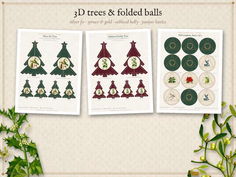 3D Paper Ornaments Printable, Botanical Star and Christmas Tree Decorations, DIY Holiday Papercraft Template image 5
