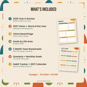 Planificador de objetivos para 2027 imprimible, hojas de trabajo para establecer objetivos de Año Nuevo, tablero de visión, objetivos SMART, registro de hábitos, revisión anual, PDF de mediados de siglo imagen 4