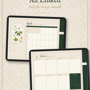 Agenda digital 2027, agenda para tablet con hipervínculos, agenda semanal y mensual 2027, formato horizontal, inicio en lunes y domingo, diseño botánico vintage. imagen 6