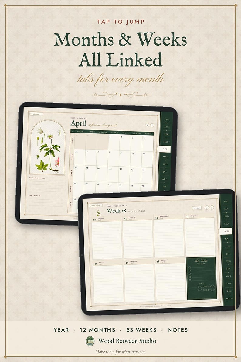 Agenda digital 2027, agenda para tablet con hipervínculos, agenda semanal y mensual 2027, formato horizontal, inicio en lunes y domingo, diseño botánico vintage. imagen 6