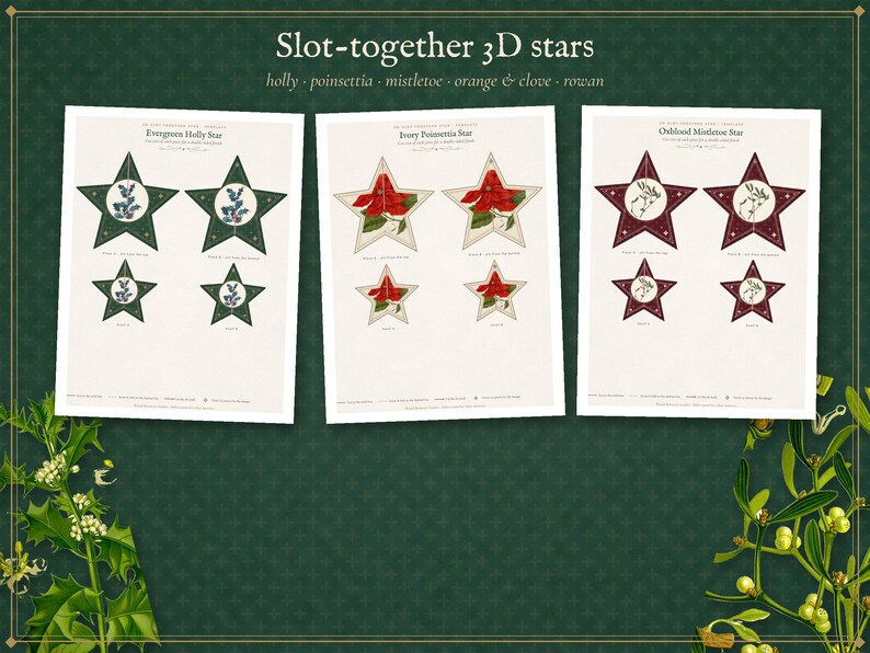 3D Paper Ornaments Printable, Botanical Star and Christmas Tree Decorations, DIY Holiday Papercraft Template image 4