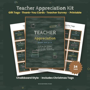 Teacher Appreciation Printable Kit, Teacher Gift Tags, Christmas Teacher Gift Tags, Thank You Cards, All About My Teacher, Chalkboard