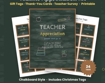 Teacher Appreciation Printable Kit, Teacher Gift Tags, Christmas Teacher Gift Tags, Thank You Cards, All About My Teacher, Chalkboard