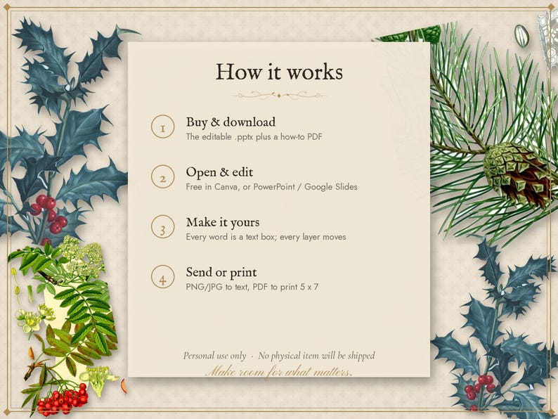 Modèle d'invitation et de menu modifiable pour une fête de Noël, invitation pour le réveillon du Nouvel An, menu pour un dîner de fêtes, invitation pour un Noël entre amis, format vintage 5x7 image 5