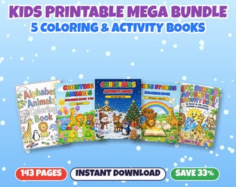 May include: A digital bundle of five printable colouring and activity books for children, featuring titles like Alphabet Animals, Counting Animals, Christmas Activity Book, Bible Stories, and Epic Summer Adventure Activity Book.