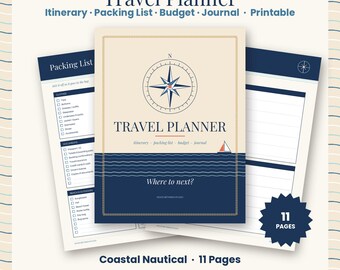 Travel Planner Printable, Vacation Itinerary Template, Packing List Checklist, Trip Planner, Travel Budget, Travel Journal, Nautical PDF