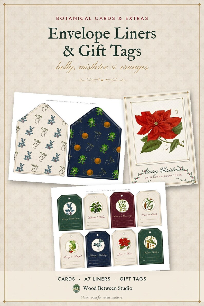 Printable Christmas Cards Set of 12, Vintage Botanical Holiday Greeting Cards, Instant Download Rustic Xmas Card Bundle image 6