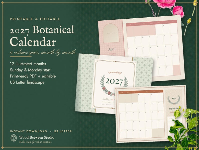 2027 Wall Calendar Printable, Editable Botanical Monthly Calendar, Vintage Floral Planner Pages, Instant Download PDF image 1
