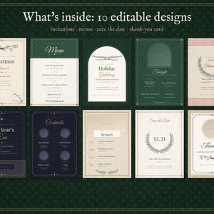 Modèle d'invitation et de menu modifiable pour une fête de Noël, invitation pour le réveillon du Nouvel An, menu pour un dîner de fêtes, invitation pour un Noël entre amis, format vintage 5x7 image 2