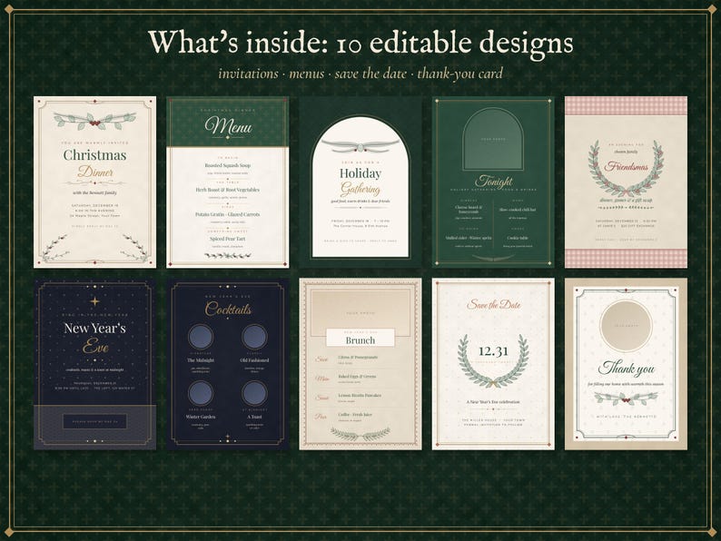 Modèle d'invitation et de menu modifiable pour une fête de Noël, invitation pour le réveillon du Nouvel An, menu pour un dîner de fêtes, invitation pour un Noël entre amis, format vintage 5x7 image 2