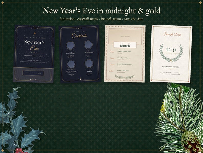 Modèle d'invitation et de menu modifiable pour une fête de Noël, invitation pour le réveillon du Nouvel An, menu pour un dîner de fêtes, invitation pour un Noël entre amis, format vintage 5x7 image 4