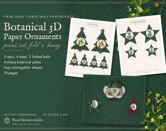 3D Paper Ornaments Printable, Botanical Star and Christmas Tree Decorations, DIY Holiday Papercraft Template
