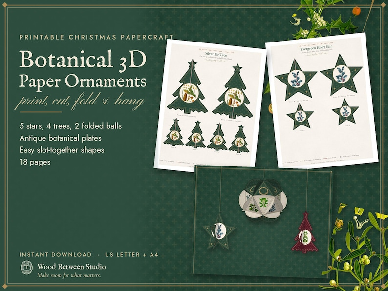 3D Paper Ornaments Printable, Botanical Star and Christmas Tree Decorations, DIY Holiday Papercraft Template image 1