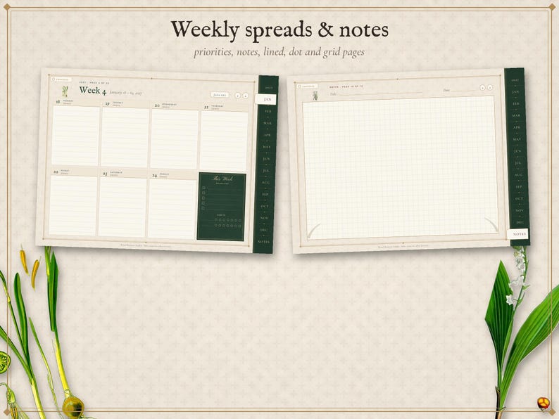 Agenda digital 2027, agenda para tablet con hipervínculos, agenda semanal y mensual 2027, formato horizontal, inicio en lunes y domingo, diseño botánico vintage. imagen 4