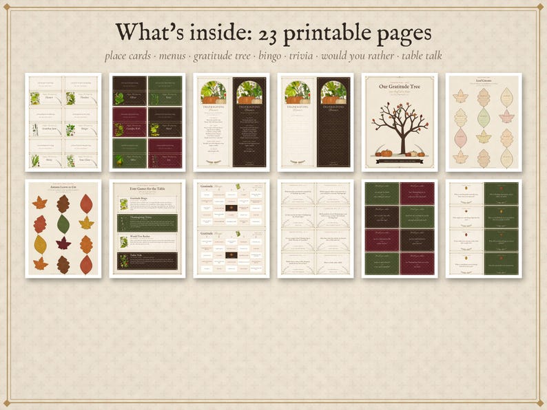 Thanksgiving Printable Table Set and Games, Place Cards, Menu and Family Activities, Instant Download image 2