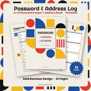 Password Log Printable, Password Keeper and Address Book, A-Z Password Tracker, Internet Login Organizer, Bauhaus Design, PDF image 1