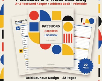 Password Log Printable, Password Keeper and Address Book, A-Z Password Tracker, Internet Login Organizer, Bauhaus Design, PDF