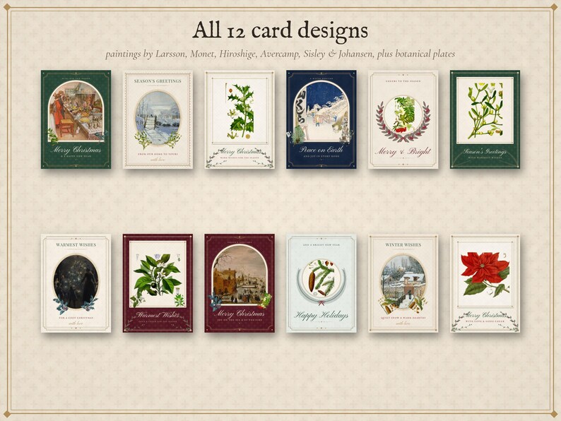 Printable Christmas Cards Set of 12, Vintage Botanical Holiday Greeting Cards, Instant Download Rustic Xmas Card Bundle image 2